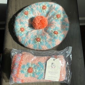 French Knot hand embroidered Pastel Emily Beret and fingerless hand warmers